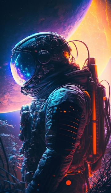 A spaceman in a space suit with a planet in the background