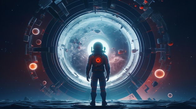 Spaceman in a spacesuit stands in front of spaceship