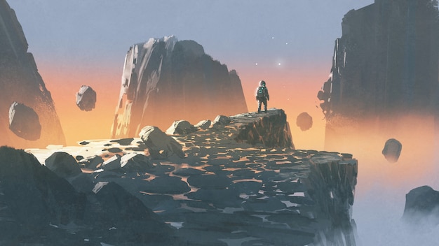 spaceman standing on a cliff in a rocky land, digital art style, illustration painting