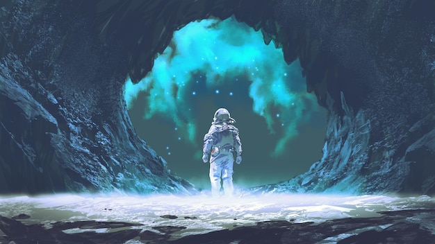 Photo spaceman standing at the entrance of the cave digital art style illustration painting