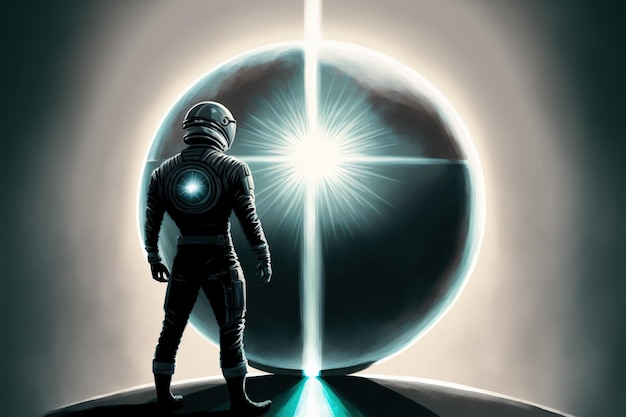 Spaceman standing and looking at a mysterious sphere digital art style illustration painting fantasy illustration of a cosmonaut looking at sphere