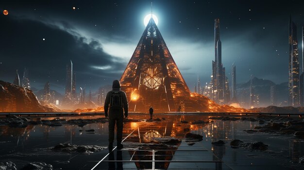 A spaceman stands under a futuristic building looking at the night sky