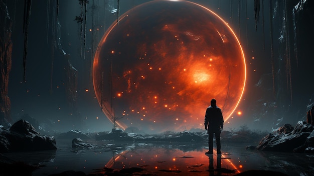 A spaceman stands and looks at a mysterious sphere