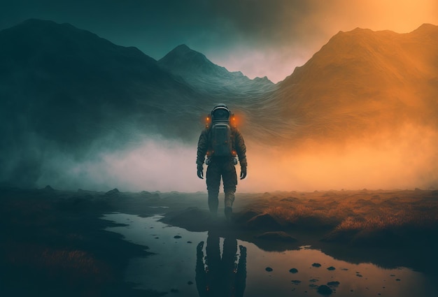 A spaceman walking through a misty distant planet landscape generative ai