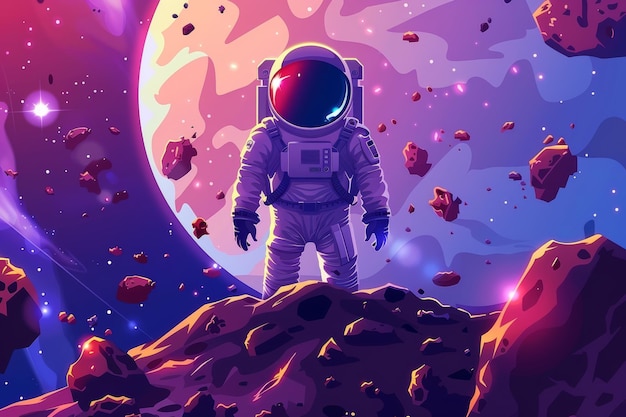 Spaceman with suit and helmet exploring alien planet in distant galaxy Modern cartoon illustration of spaceman cosmos and planet surface with rocks cracks and glowing spots