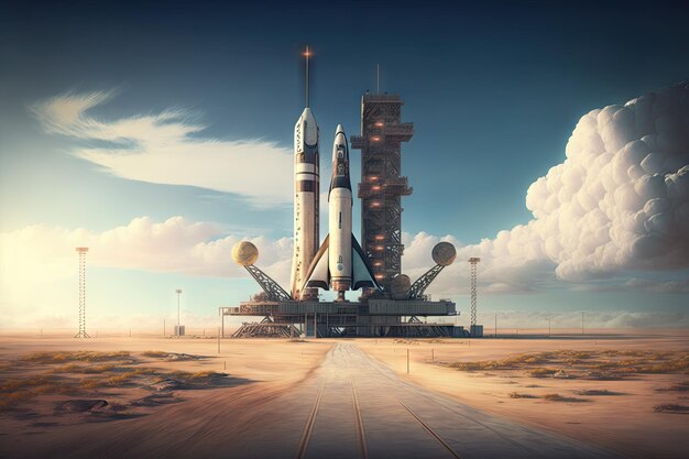 Photo spaceport with rocket on launchpad ready for liftoff