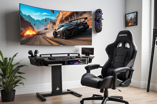 gaming setup with monitor on wall top Premium photo