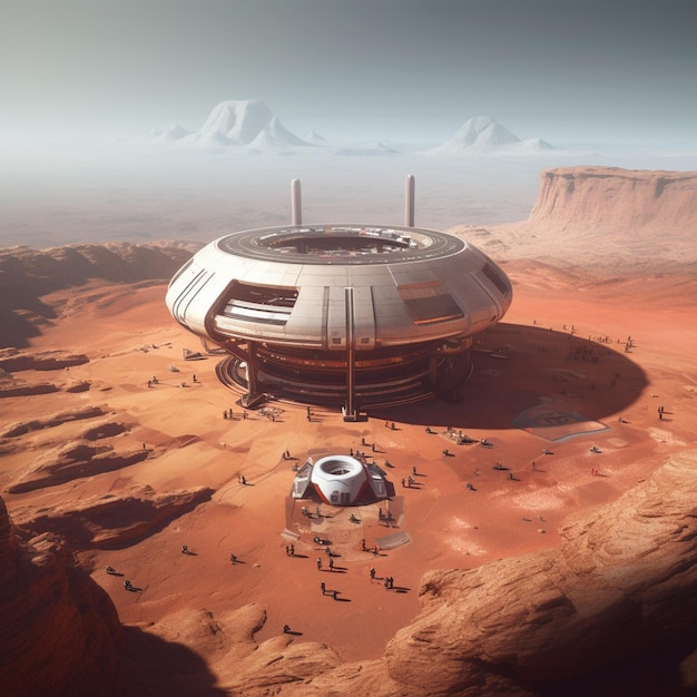 Spaceship base in a desert with a mountain in the background generative ai