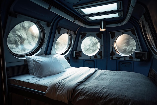 Фото Спальня космического корабля с видом на галактику, видимую через окно