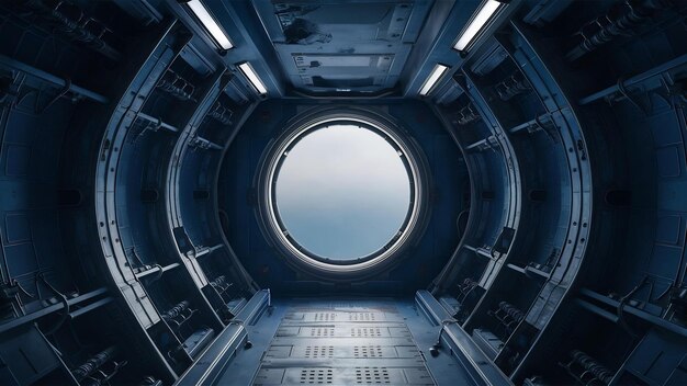 Spaceship blue interior with empty window 3d rendering elements of this image furnished by nasa