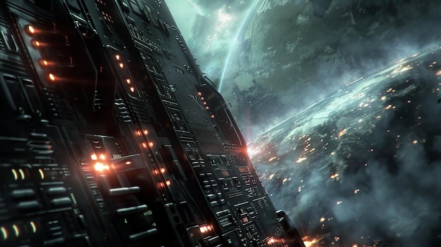 spaceship close up with planet in the background