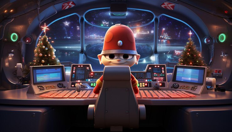 Photo a spaceship control room with a cute alien designed by pixar on it alien is wearing a santa hat