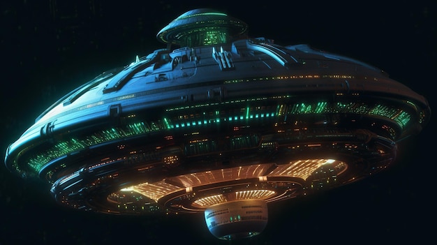 A spaceship in a dark space with green lights on the bottom.