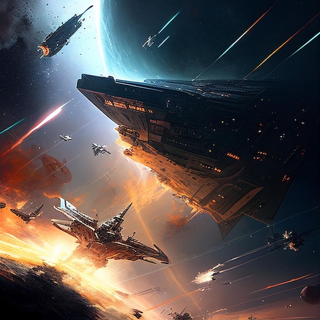 Cinematic Still, intense space battle between two massive battleships,  starry sky, nebulae, galaxies, HDR futuristic space battleship destroyers  traveling through an asteroid field, generate ai 24355281 Stock Photo at  Vecteezy