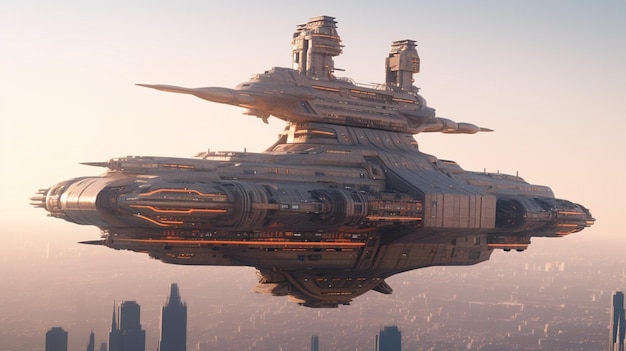 A spaceship flying over a city with the city in the background