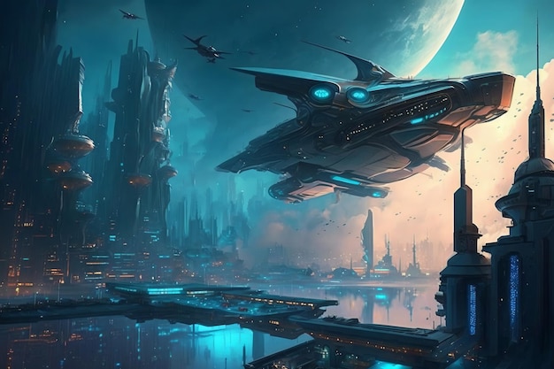 A spaceship flying over a city with a planet in the background.