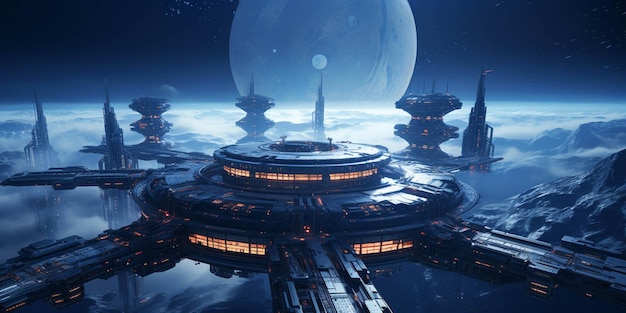 Космический корабль, летящий над футуристическим городом в небе с луной на заднем плане, генерирующий искусственный интеллект