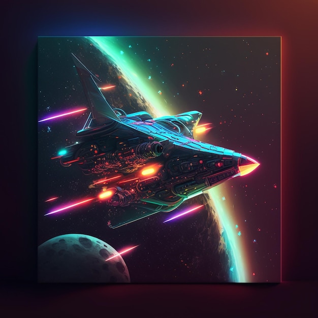 spaceship flying over a planet with a bright light in the background generative ai