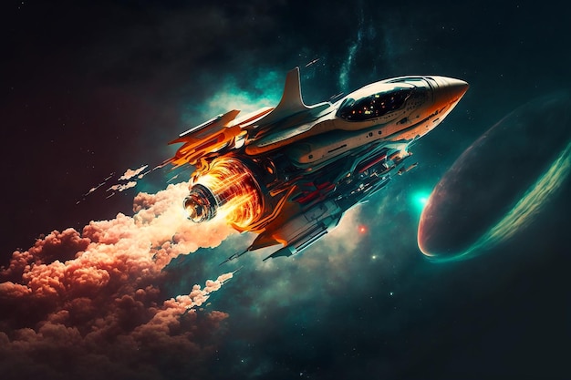 A spaceship flying over a planet with a burning fire in the background