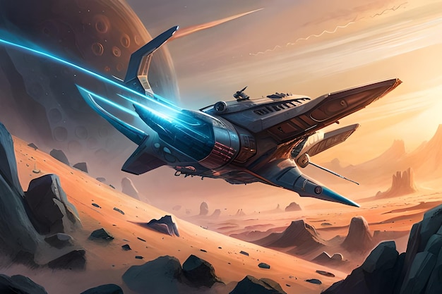 A spaceship flying over a planet with a planet in the background.