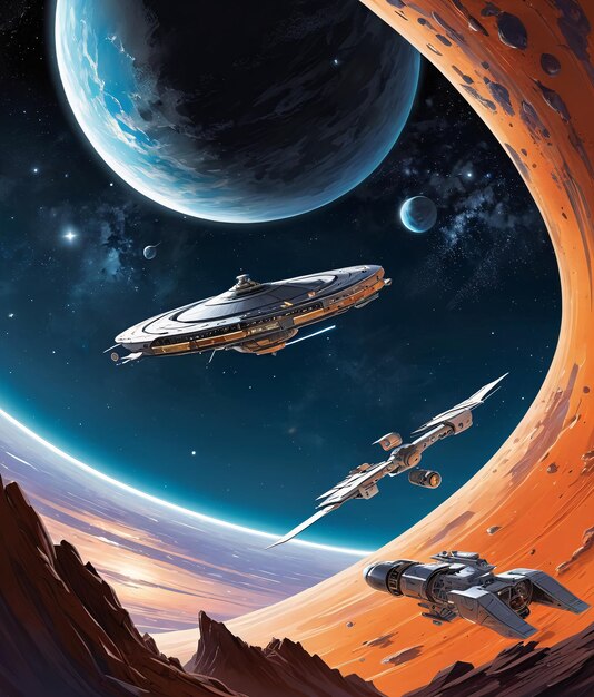 a spaceship flying over a planet with a spaceship in the background