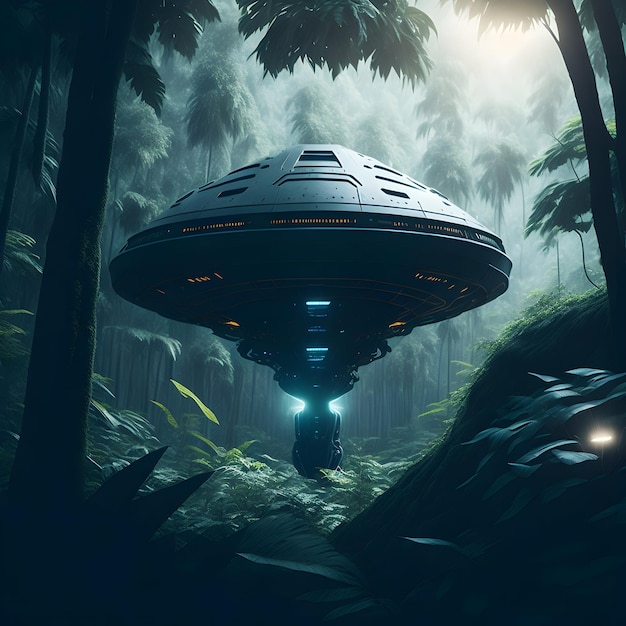 a spaceship flying through a forest filled with trees