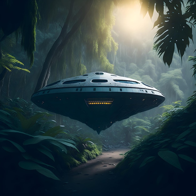 a spaceship flying through a forest filled with trees