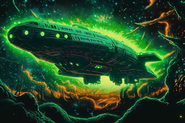 A spaceship flying through green flames in outer space digital art illustration generative AI