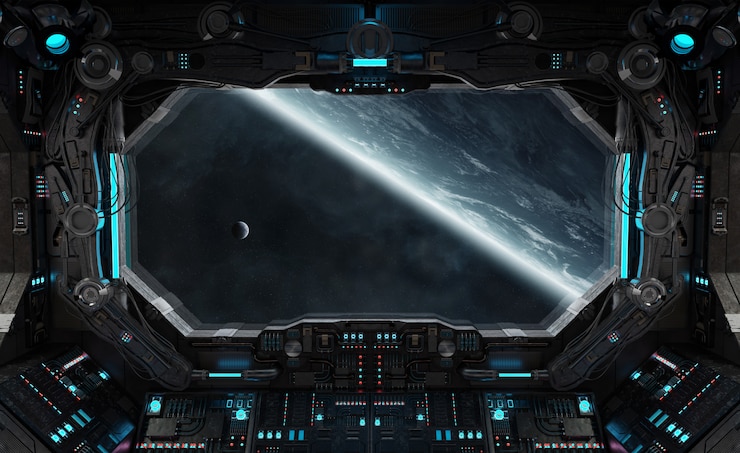 Photo spaceship grunge interior with view on planet earth