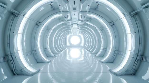 우주선 복도 내부 배경: 우주선 또는 우주 정거장의 밝은 파란색 복도; 미래 우주선의 긴 방 내부의 관점; 기술 우주선 미래의 개념
