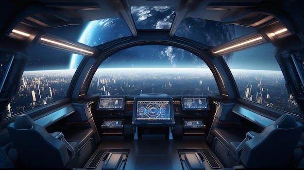 Spaceship interior with view on earth 3d rendering