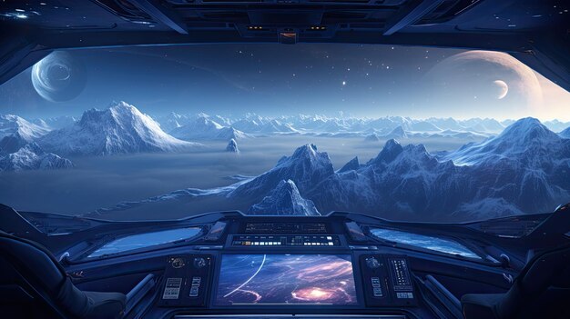 Spaceship interior with window view on alien planet 3d rendering