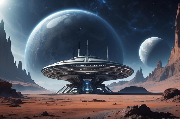 Spaceship interstellar station on alien planet