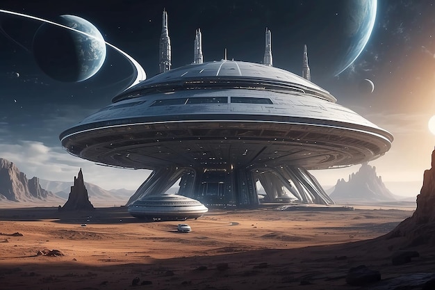 Spaceship interstellar station on alien planet