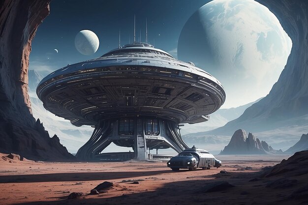 Photo spaceship interstellar station on alien planet