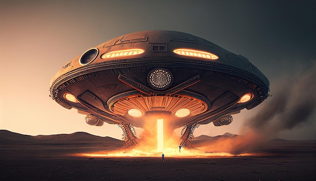 A spaceship is being launched into the desert.