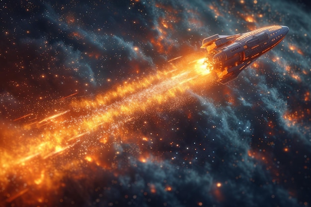 Spaceship is traveling through a nebula and leaves a glittering trail behind