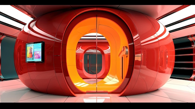 Foto interni di navi spaziali o laboratori in stile sci-fi futuristico retro con porte rotonde
