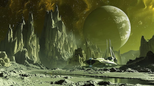 spaceship landing on an alien world