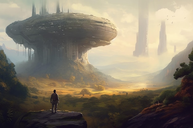 Spaceship lands on distant alien planet with stunning landscapes and unfamiliar flora