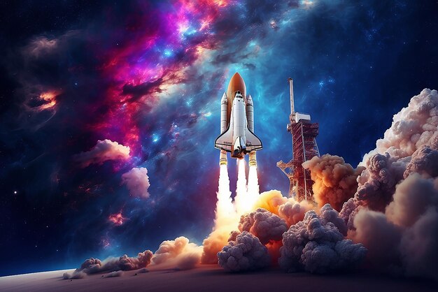 Spaceship lift off space shuttle with smoke and blast takes off into the starry sky rocket starts into space