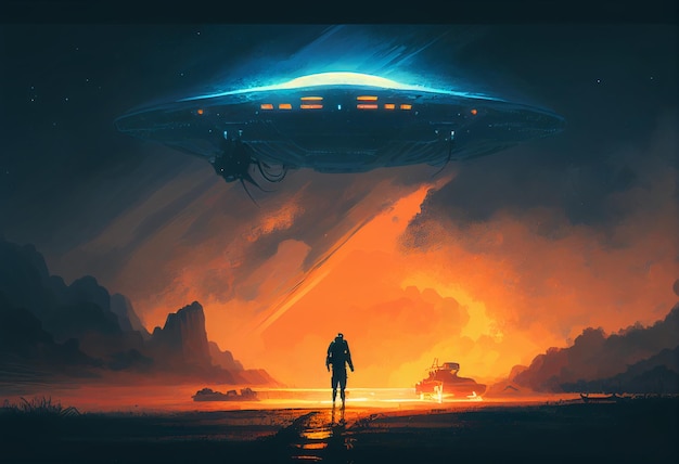 Spaceship and a man watching illustration AI generative