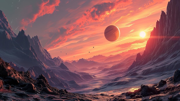 火星の赤い砂漠の風景に着陸する漫画の宇宙船のイラスト