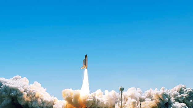 Spaceship rocket shuttle with clouds of smoke successfully takes off in the blue sky Rocket lift off creative idea