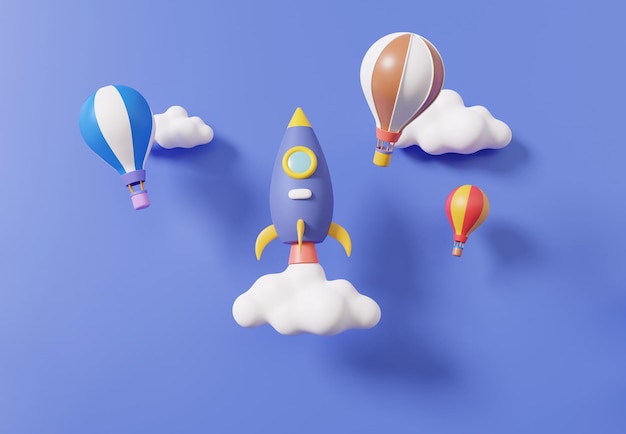 Razzo spaziale che sputa fumo concetto di avvio aziendale con nuvole di palloncini spaziali cartone animato minimo carino liscio visione creativa concetto di leadership 3d rendering illustrazione