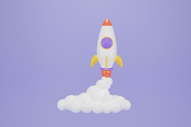 우주선 로켓 장난감 로켓 upswing 연기를 분출 시작 공간 비즈니스 개념 만화 최소한의 스타일 3d 렌더링
