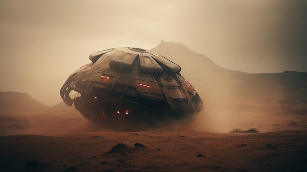 A spaceship sits in the middle of a desert