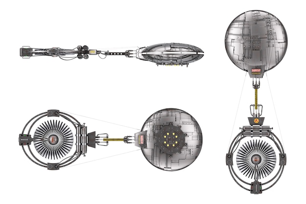 白い背景の上の飛行中の宇宙船、宇宙ステーションまたはエイリアンUFO宇宙船。 3Dレンダリング