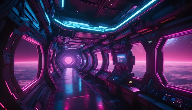 Foto nave spaziale nello spazio con finestre cyberpunk