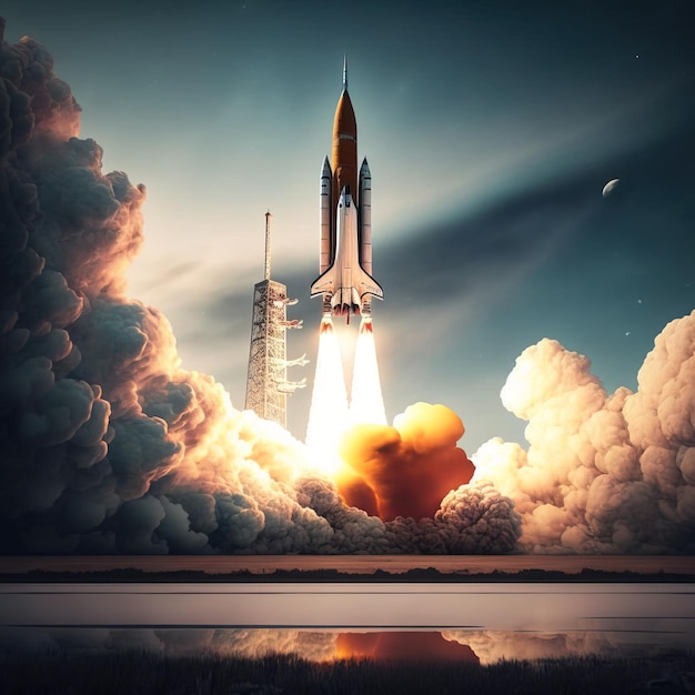 The spaceship takes off into the sky Rocket starts in space generative AI